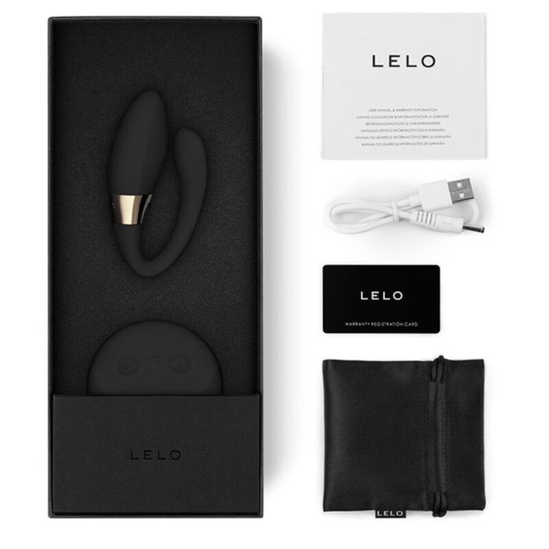 LELO Tiani Duo Vibrador de Casais com Controle Remoto na cor preta, mostrando seu design ergonômico e a interface de controle.