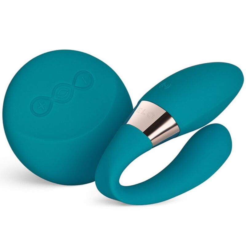 Close-up do massageador de casais LELO TIANI DUO Azul, destacando seu design ergonómico e controlo remoto.
