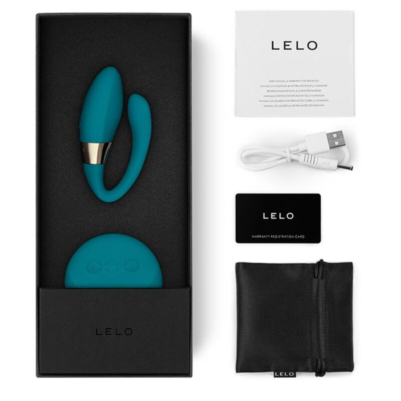 Close-up do massageador de casais LELO TIANI DUO Azul, destacando seu design ergonómico e controlo remoto.
