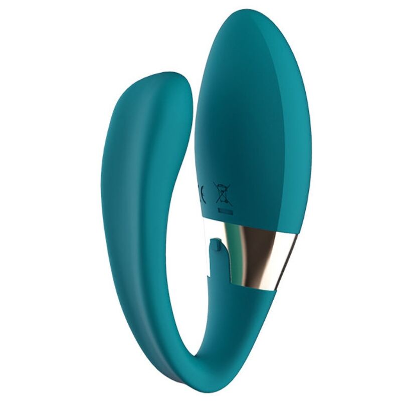 Close-up do massageador de casais LELO TIANI DUO Azul, destacando seu design ergonómico e controlo remoto.