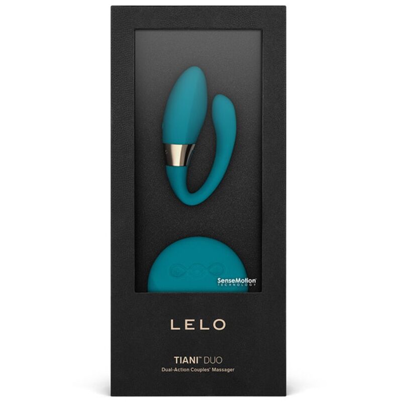Close-up do massageador de casais LELO TIANI DUO Azul, destacando seu design ergonómico e controlo remoto.