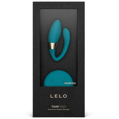 Close-up do massageador de casais LELO TIANI DUO Azul, destacando seu design ergonómico e controlo remoto.