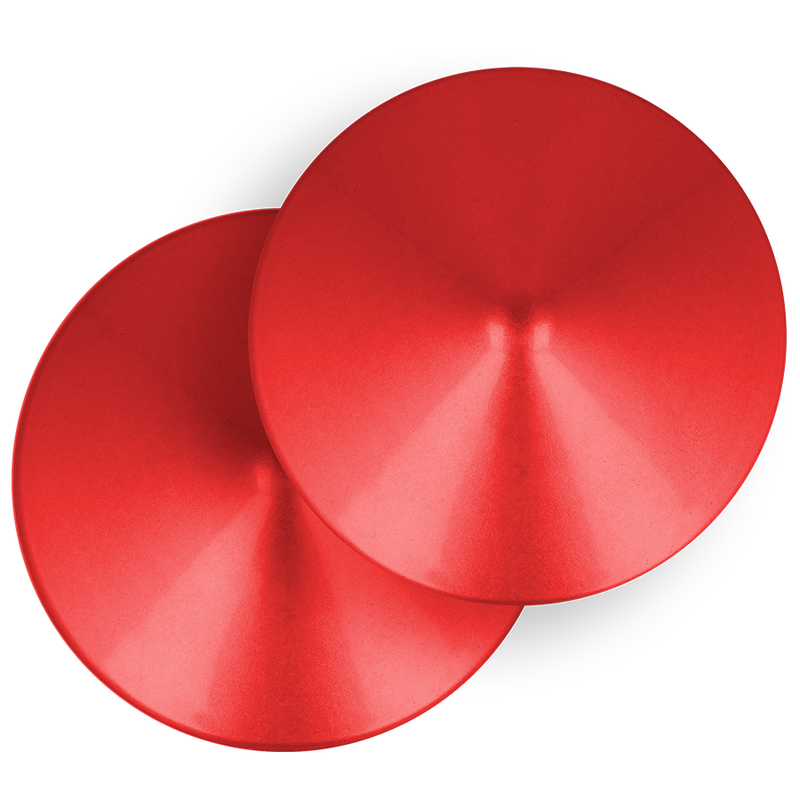 Close-up das Coberturas de Mamilos Ohmama Círculo Vermelho Metálico Reutilizáveis.