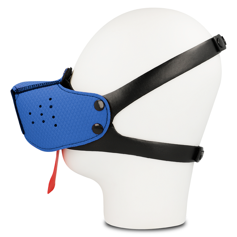 Máscara de Fetiche de Cão Ohmama azul ajustável, ideal para pet play e roleplay BDSM.