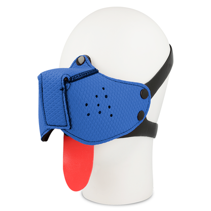 Máscara de Fetiche de Cão Ohmama azul ajustável, ideal para pet play e roleplay BDSM.