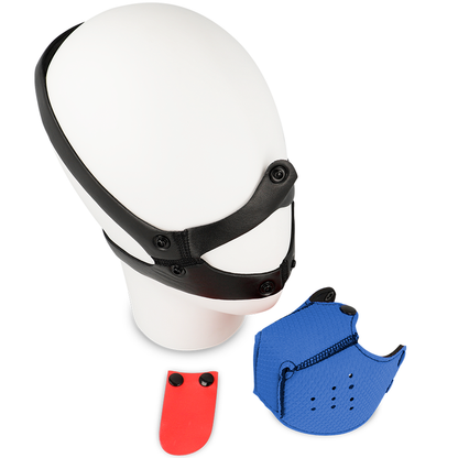 Máscara de Fetiche de Cão Ohmama azul ajustável, ideal para pet play e roleplay BDSM.