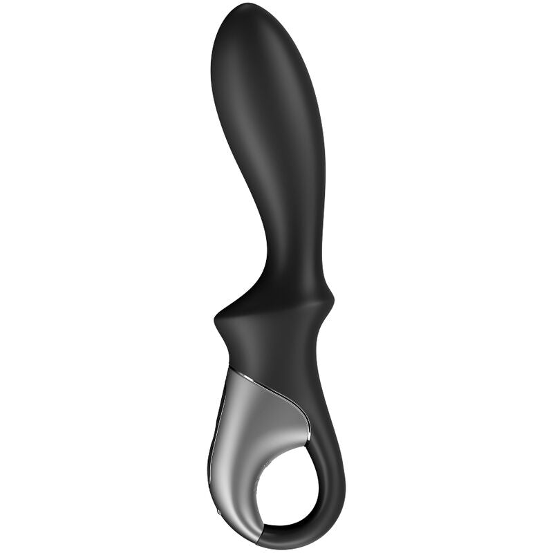 Vibrador anal Satisfyer Heat Climax preto com função de aquecimento e controle via aplicativo, detalhes da textura e design ergonómico.