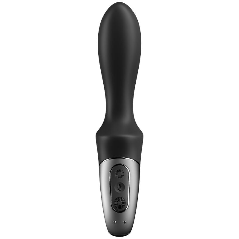 Vibrador anal Satisfyer Heat Climax preto com função de aquecimento e controle via aplicativo, detalhes da textura e design ergonómico.