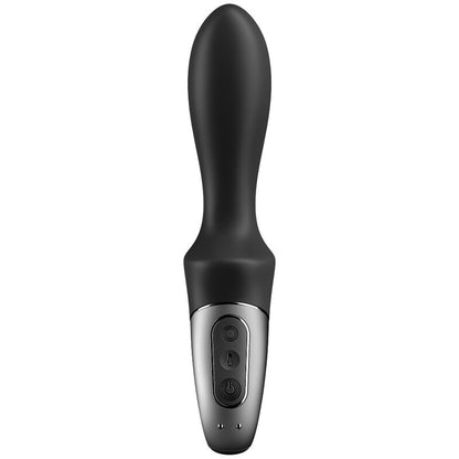 Vibrador anal Satisfyer Heat Climax preto com função de aquecimento e controle via aplicativo, detalhes da textura e design ergonómico.