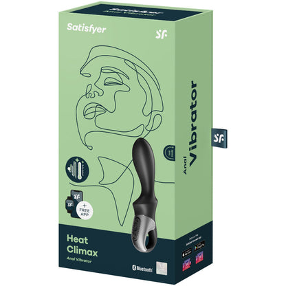 Vibrador anal Satisfyer Heat Climax preto com função de aquecimento e controle via aplicativo, detalhes da textura e design ergonómico.