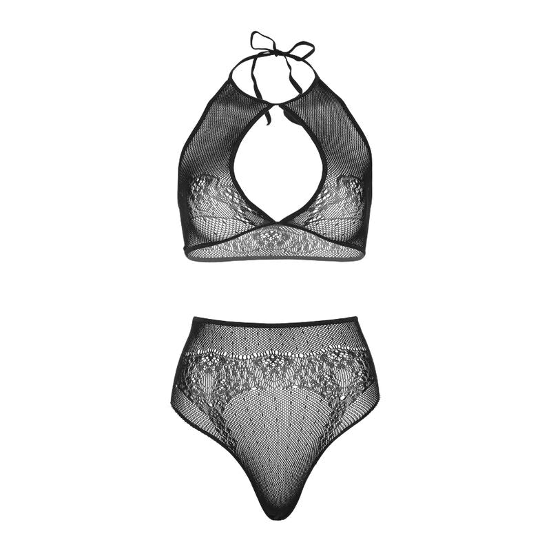 Conjunto de Lingerie Leg Avenue Halter Crop Top e Thong Panty em rede e renda.