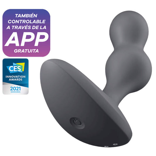 Close-up do Satisfyer Plug Vibratório Deep Diver Cinza, destacando sua estrutura esférica e funcionalidades de controlo via app.
