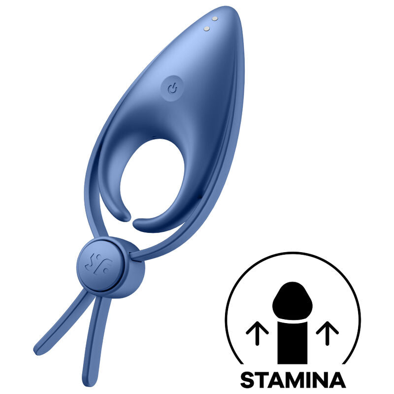 Satisfyer Anel Vibratório Sniper Ring Azul em silicone, destacando o design ajustável e o estimulador