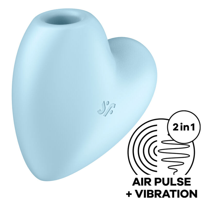 Satisfyer Cutie Heart Vibrador de Pulso de Ar Duplo Azul com design de coração, destacando sua tecnologia de ondas de ar e vibração para estimulação clitoriana.
