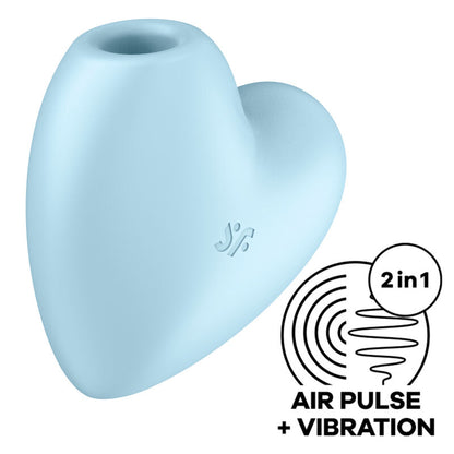 Satisfyer Cutie Heart Vibrador de Pulso de Ar Duplo Azul com design de coração, destacando sua tecnologia de ondas de ar e vibração para estimulação clitoriana.