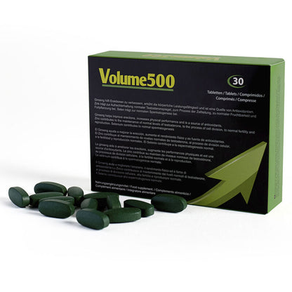 Embalagem de 500 COSMETICS Volume 500, suplemento para aumento de esperma e fertilidade masculina.