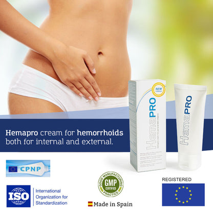 Embalagem do 500 COSMETICS Hemapro Creme para Hemorróidas, mostrando o tubo e a marca.