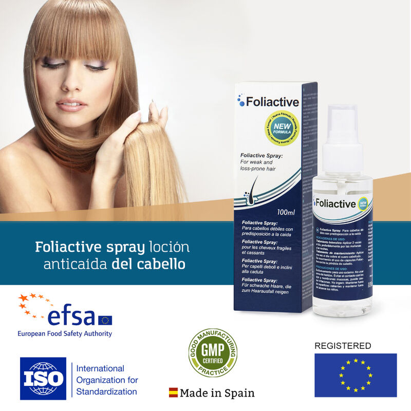 500 COSMETICS Foliactive Spray para prevenção da queda e estimulação do crescimento capilar, embalagem de 100ml.