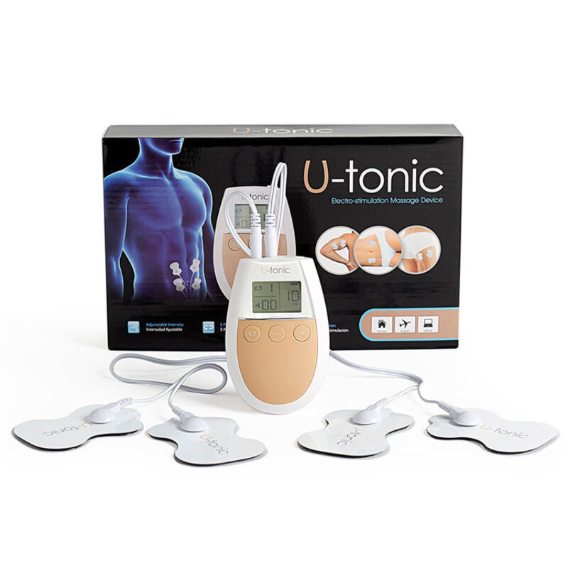 Close-up of the 500 COSMETICS U-Tonic Electroestimulator for muscle toning and firming, showing its compact design.