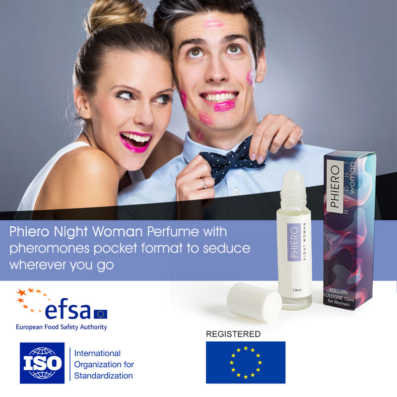 Frasco de perfume 500 COSMETICS Phiero Night Woman com feromonas em formato roll-on.