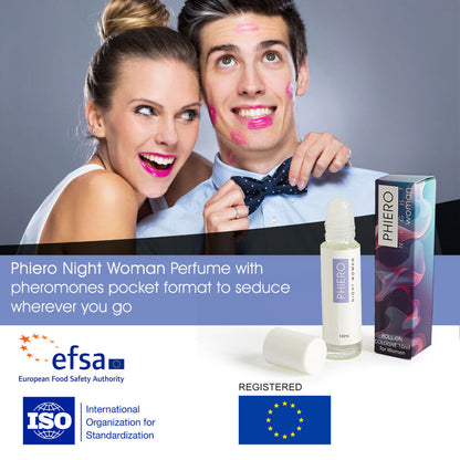 Frasco de perfume 500 COSMETICS Phiero Night Woman com feromonas em formato roll-on.