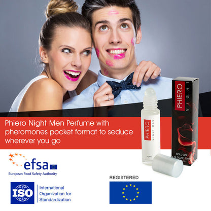 Frasco de Phiero Night Man Perfume Feromônios Masculino da 500 COSMETICS com aplicador roll-on.