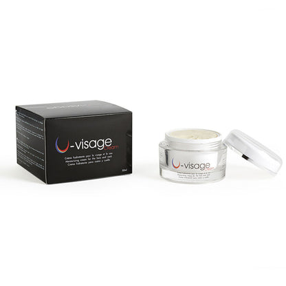 500 COSMETICS Creme U-Visage para cuidados faciais e do pescoço, enfatizando hidratação e firmeza.