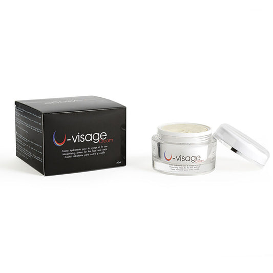 500 COSMETICS Creme U-Visage para cuidados faciais e do pescoço, enfatizando hidratação e firmeza.
