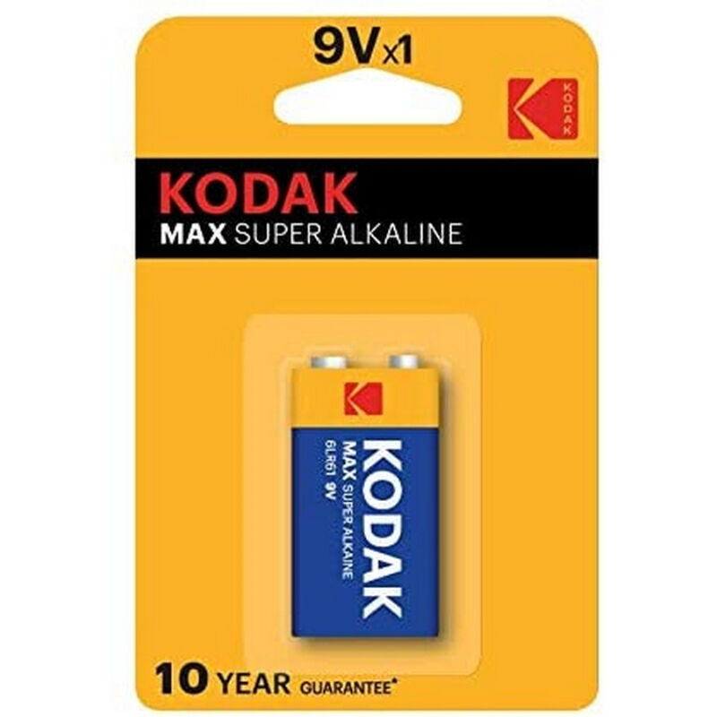 Bateria alcalina KODAK MAX 9V LR61, vista frontal para dispositivos eletrónicos.