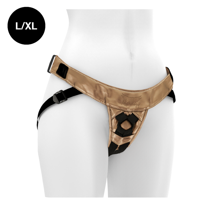MYTHOLOGY Arnês Fantasia Bronze L/XL para Dildos Strap-On, exibindo design ajustável e acabamento metálico.
