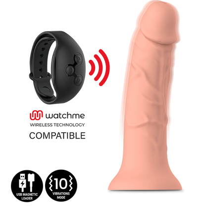 Close-up do Dildo Vibrador Realista MYTHOLOGY Asher M, mostrando sua textura em silicone e design ergonómico com compatibilidade Watchme.
