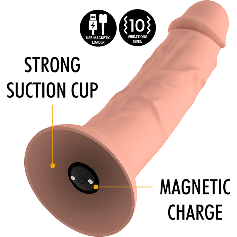 Close-up do Dildo Vibrador Realista MYTHOLOGY Asher M, mostrando sua textura em silicone e design ergonómico com compatibilidade Watchme.