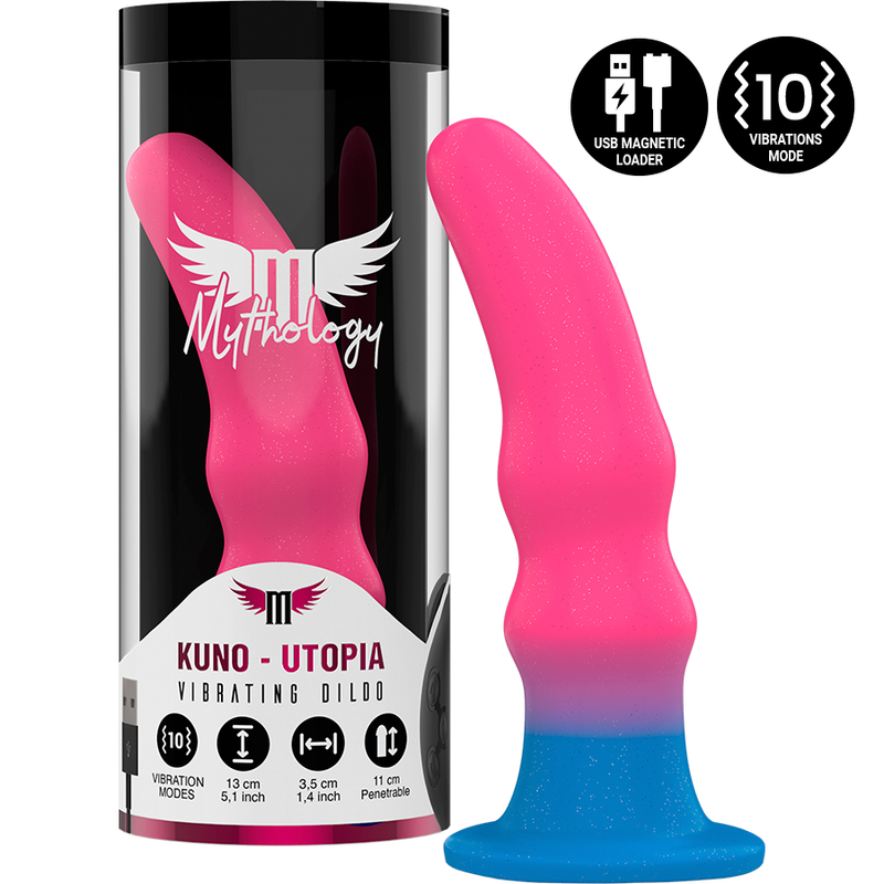 Close-up do MYTHOLOGY Dildo Kuno Utopia S com Vibração, mostrando seu design anal e cores vibrantes.