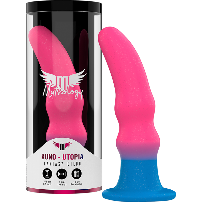 MYTHOLOGY Dildo Kuno Utopia M de silicone para estimulação anal, apresentando suas duas protuberâncias marcadas e cores neon.
