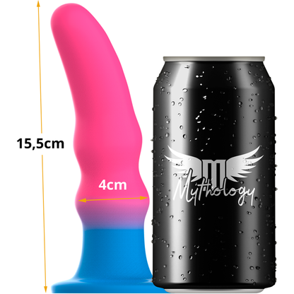MYTHOLOGY Dildo Kuno Utopia M de silicone para estimulação anal, apresentando suas duas protuberâncias marcadas e cores neon.
