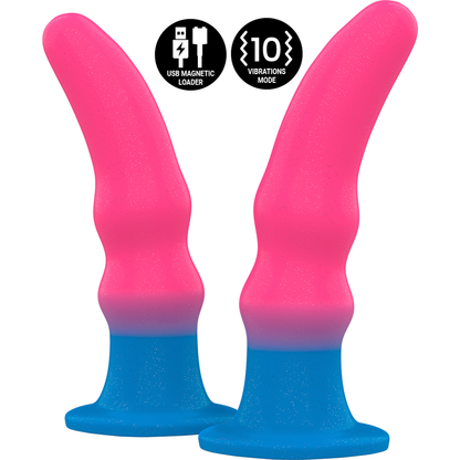 Close-up do Dildo Vibratório Anal MYTHOLOGY Kuno Utopia M com design neon e detalhes para estimulação.