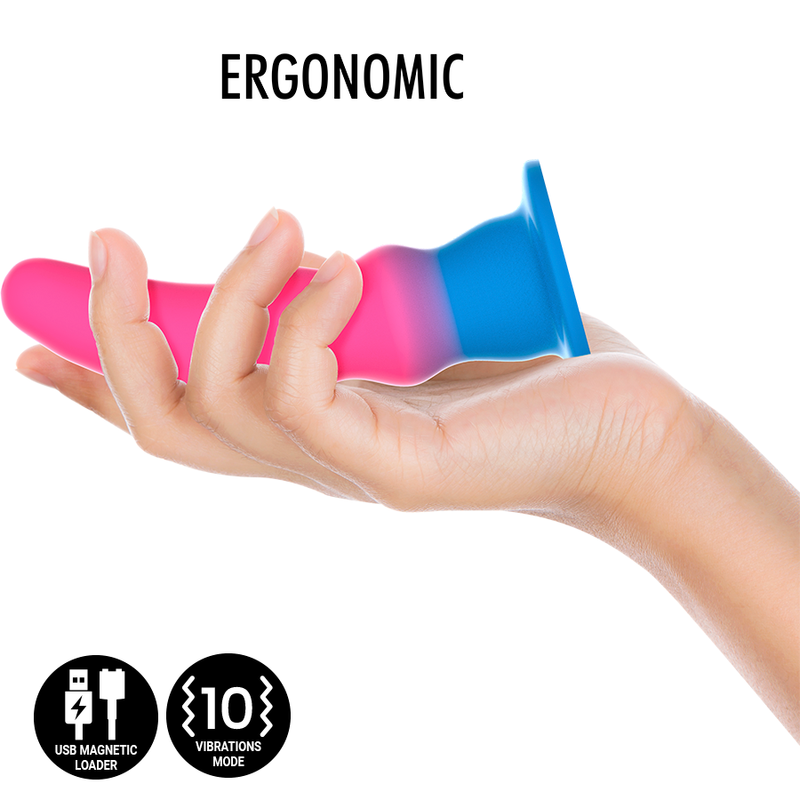Close-up do Dildo Vibratório Anal MYTHOLOGY Kuno Utopia M com design neon e detalhes para estimulação.