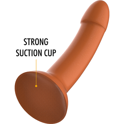 Close-up of the MYTHOLOGY Dildo Rune Royal M, showcasing its golden color, silicone texture, and ergonomic design with a suction base.