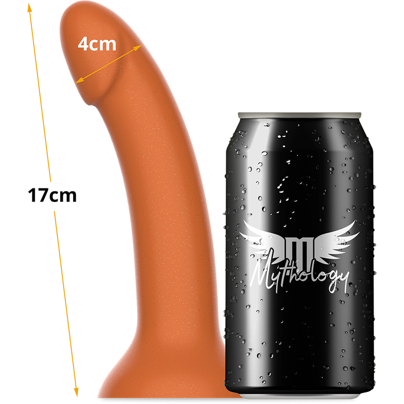 Close-up of the MYTHOLOGY Dildo Rune Royal M, showcasing its golden color, silicone texture, and ergonomic design with a suction base.