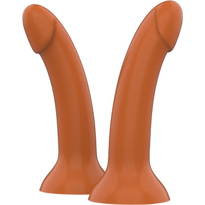 Close-up of the MYTHOLOGY Dildo Rune Royal M, showcasing its golden color, silicone texture, and ergonomic design with a suction base.