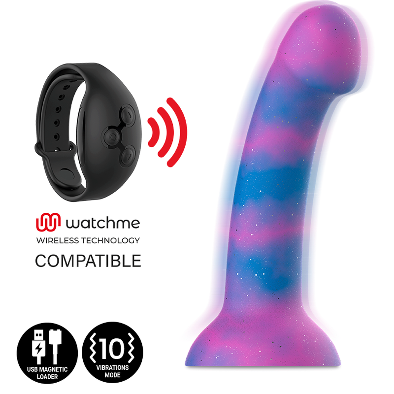Close-up do Dildo Vibratório MYTHOLOGY Dion Galactic M, destacando seu acabamento cósmico e design ergonômico.