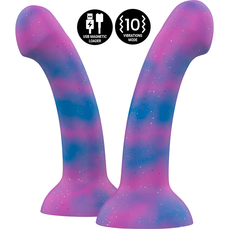 Close-up do Dildo Vibratório MYTHOLOGY Dion Galactic M, destacando seu acabamento cósmico e design ergonômico.