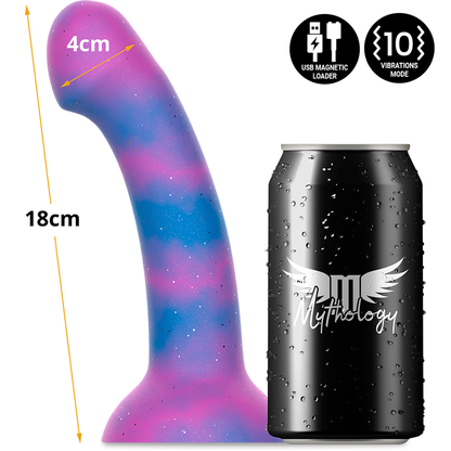 Close-up do Dildo Vibratório MYTHOLOGY Dion Galactic M, destacando seu acabamento cósmico e design ergonômico.