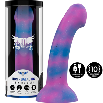 Close-up do Dildo Vibratório MYTHOLOGY Dion Galactic M, destacando seu acabamento cósmico e design ergonômico.