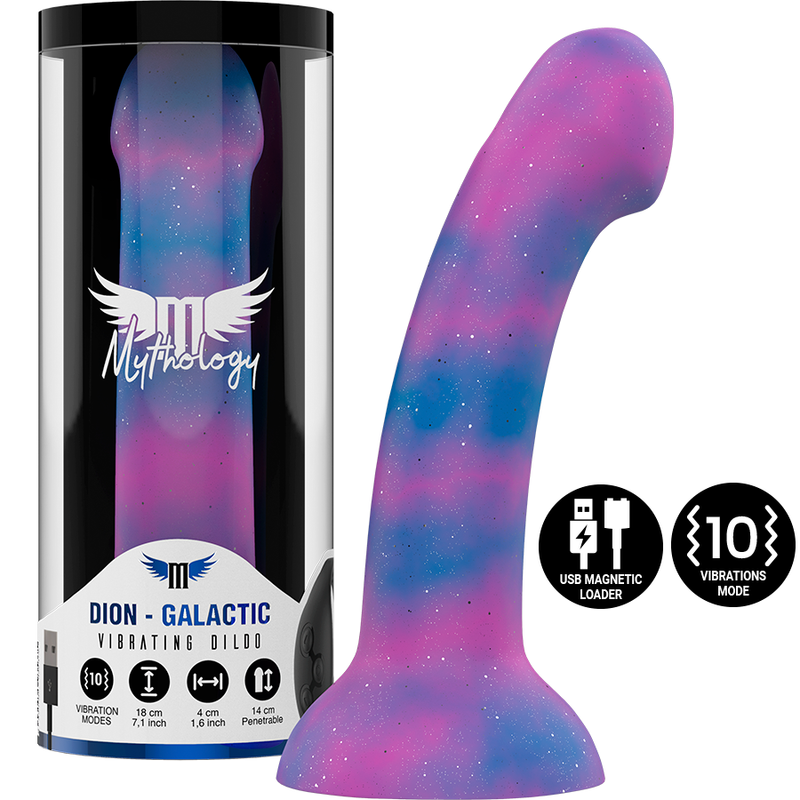 Close-up do Dildo Vibratório MYTHOLOGY Dion Galactic M, destacando seu acabamento cósmico e design ergonômico.