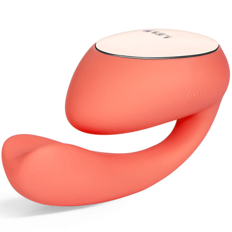 Lelo IDA Wave Massageador para Casais App WaveMotion Coral, detalhe do design e funcionalidades de prazer dual