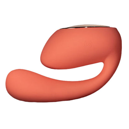 Lelo IDA Wave Massageador para Casais App WaveMotion Coral, detalhe do design e funcionalidades de prazer dual