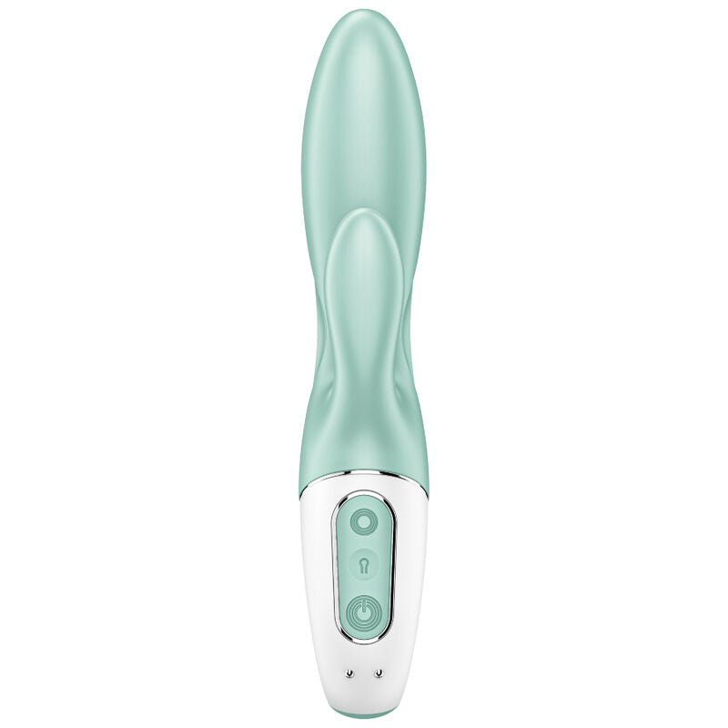 Vibrador Satisfyer Air Pump Bunny 5 Connect, inflável e com app, em silicone verde, com design ergonómico para estimulação dupla.