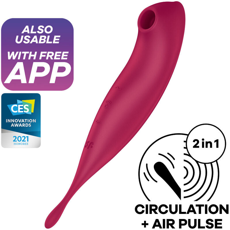 Satisfyer Twirling Pro+ Vibrador de Ondas de Pressão e Vibração App Vermelho, detalhe do design ergonômico e ponta de estimulação.