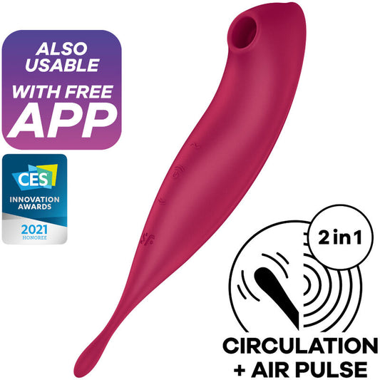Satisfyer Twirling Pro+ Vibrador de Ondas de Pressão e Vibração App Vermelho, detalhe do design ergonômico e ponta de estimulação.